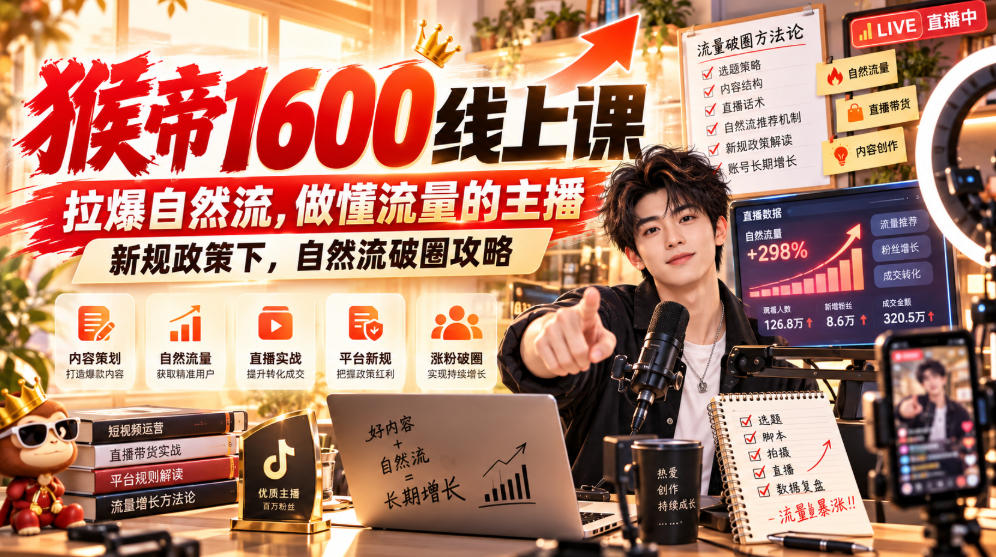猴帝1600线上课,拉爆自然流,做懂流量的主播,新规政策下,自然流破圈攻略【更新260926】 猴帝1600线上课,拉爆自然流,做懂流量的主播,新规政策下,自然流破圈攻略【更新260926】