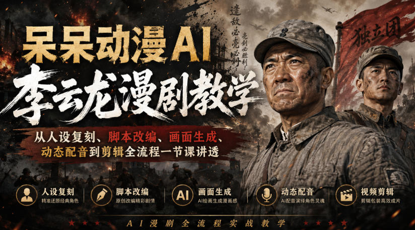 呆呆动漫AI李云龙漫剧教学,从人设复刻、脚本改编、画面生成、动态配音到剪辑全流程一节课讲透 呆呆动漫AI李云龙漫剧教学,从人设复刻、脚本改编、画面生成、动态配音到剪辑全流程一节课讲透
