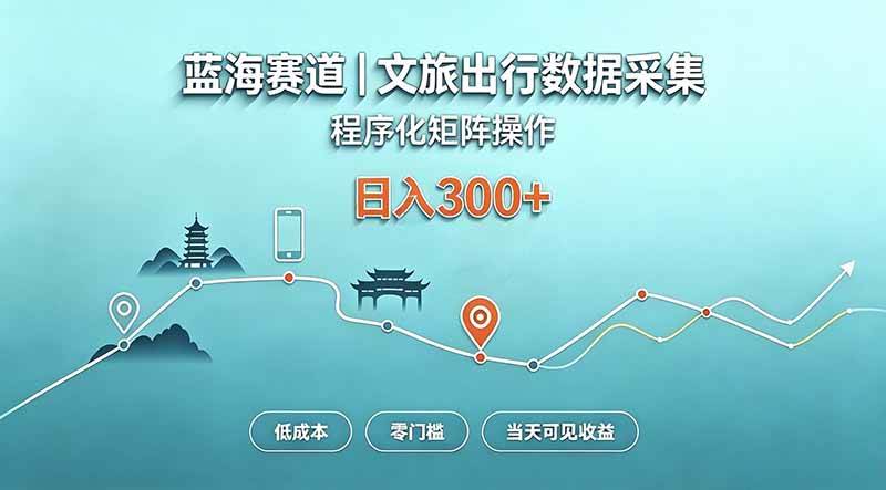 （20478期）蓝海赛道 文旅出行数据采集 程序化矩阵操作 低成本 零门槛 当天可见收益 日入300+