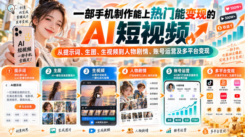 【无水印】一部手机制作能上热门能变现的AI短视频,从提示词、生图、生视频到人物剧情、账号运营及多平台变现 【无水印】一部手机制作能上热门能变现的AI短视频,从提示词、生图、生视频到人物剧情、账号运营及多平台变现