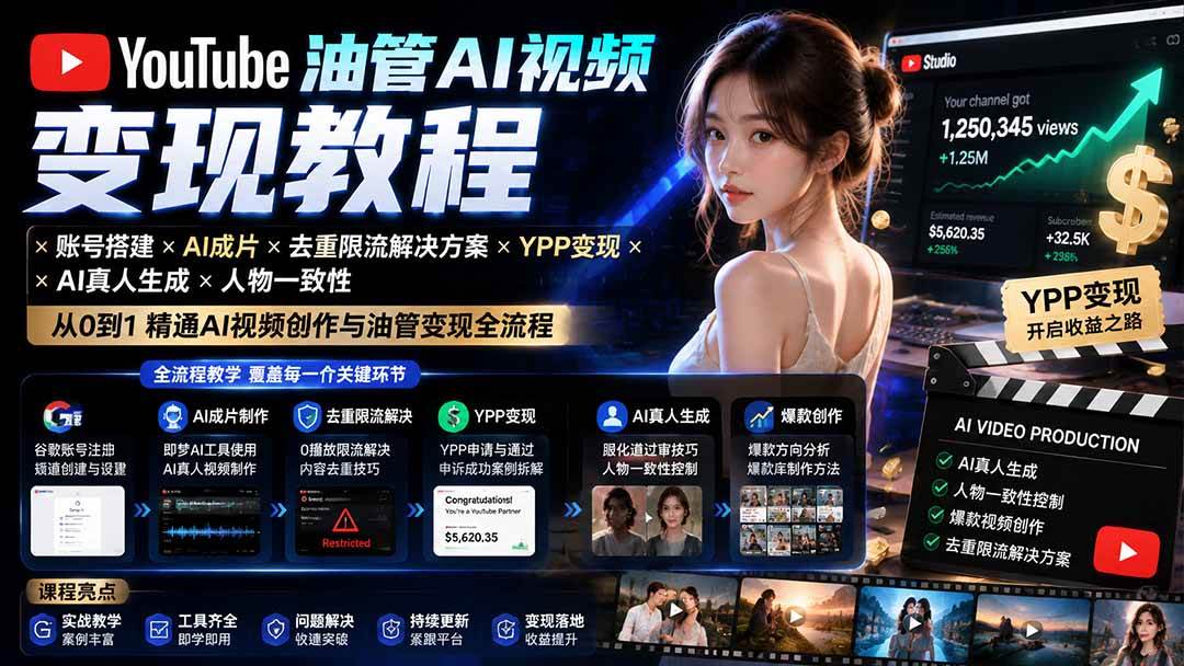 (20649期)YouTube油管AI视频变现教程-更新0926:账号搭建×AI成片×去重限流解决方案×YPP变现×AI真人生成×人物一致性 (20649期)YouTube油管AI视频变现教程-更新0926:账号搭建×AI成片×去重限流解决方案×YPP变现×AI真人生成×人物一致性