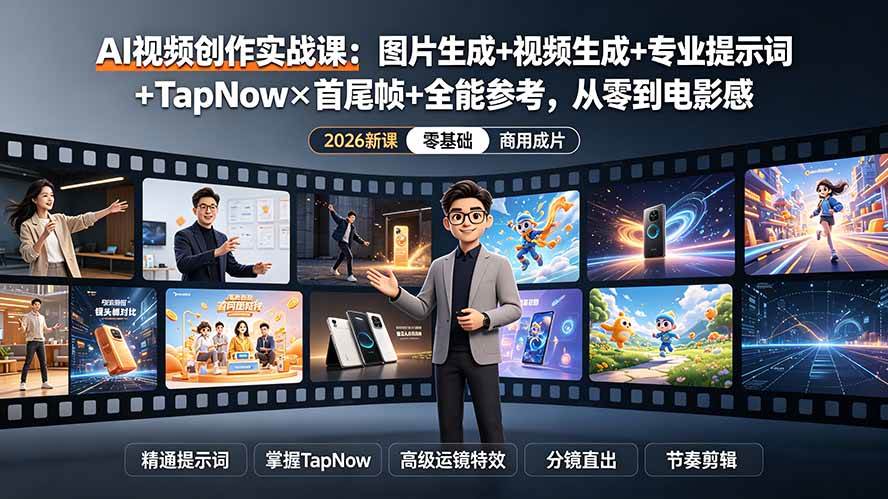 (19383期)AI视频创作实战课:图片生成+视频生成+专业提示词+TapNow×首尾帧+全能参考,从零到电影感成片 (19383期)AI视频创作实战课:图片生成+视频生成+专业提示词+TapNow×首尾帧+全能参考,从零到电影感成片