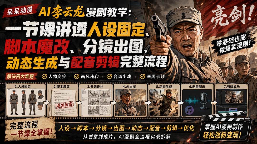 (20107期)呆呆动漫AI李云龙漫剧教学:一节课讲透人设固定、脚本魔改、分镜出图、动态生成与配音剪辑完整流程 (20107期)呆呆动漫AI李云龙漫剧教学:一节课讲透人设固定、脚本魔改、分镜出图、动态生成与配音剪辑完整流程