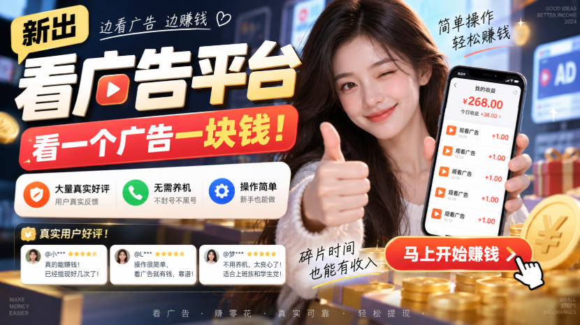 新出看广告平台,看一个广告一块钱,大量真实好评!无需养机、不会黑号,操作简单【揭秘】 新出看广告平台,看一个广告一块钱,大量真实好评!无需养机、不会黑号,操作简单【揭秘】