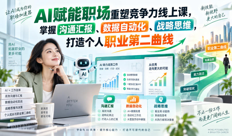 AI赋能职场重塑竞争力线上课,掌握沟通汇报、数据自动化、战略思维,打造个人职业第二曲线 AI赋能职场重塑竞争力线上课,掌握沟通汇报、数据自动化、战略思维,打造个人职业第二曲线