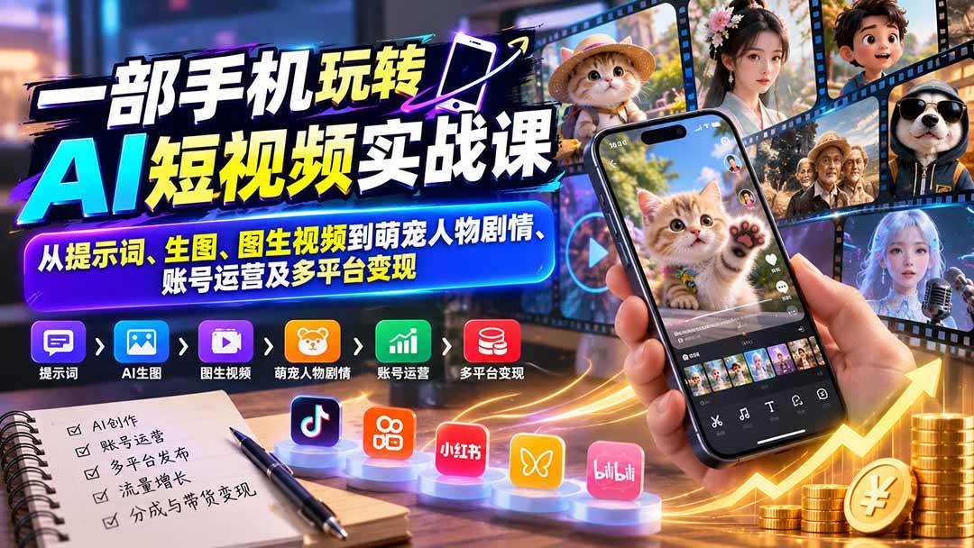 (20663期)一部手机玩转AI短视频实战课:从提示词、生图、图生视频到萌宠人物剧情、账号运营及多平台变现 (20663期)一部手机玩转AI短视频实战课:从提示词、生图、图生视频到萌宠人物剧情、账号运营及多平台变现