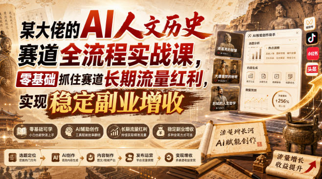 某大佬的AI人文历史赛道全流程实战课,零基础抓住赛道长期流量红利,实现稳定副业增收